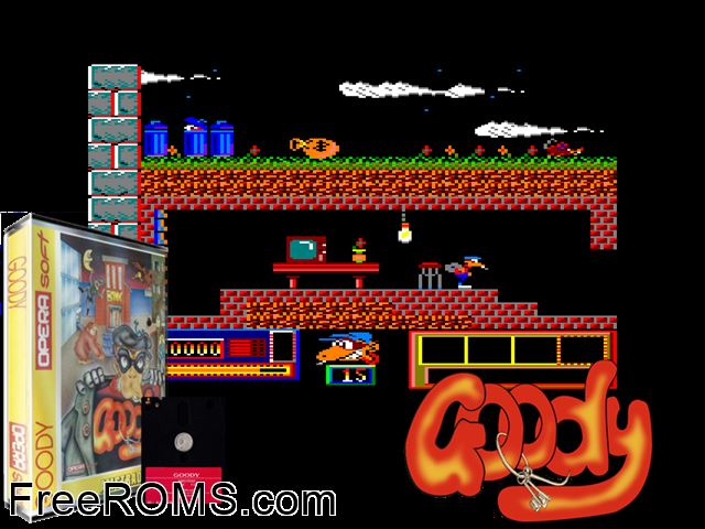 Goody (S) (1987) [f1] Amstrad CPC game showing 3D box cover and gameplay screenshot